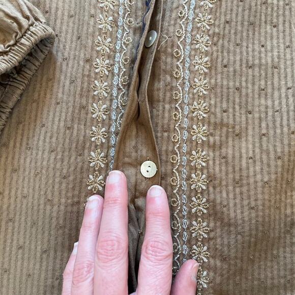 J. Jill Cotton Brown Embroidered Floral Swiss Dot Button Down Peasant Blouse S - Picture 8 of 14